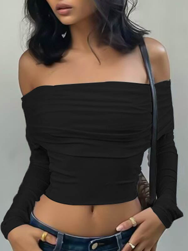 Pleated See-Through Solid Color Split-Joint Skinny Off-the-shoulder T-shirts