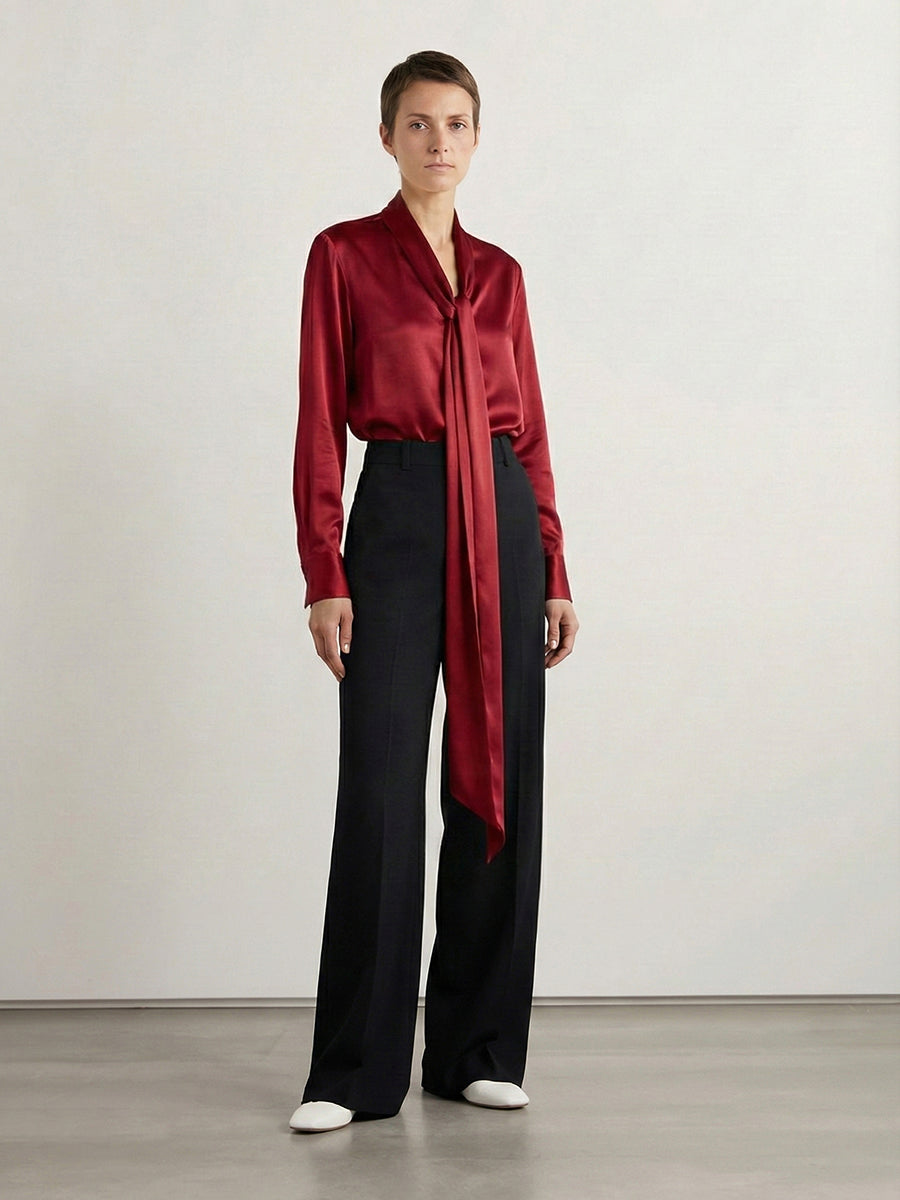Solid Color Streamer Long Sleeves Loose V-Neck Blouses&Shirts Tops