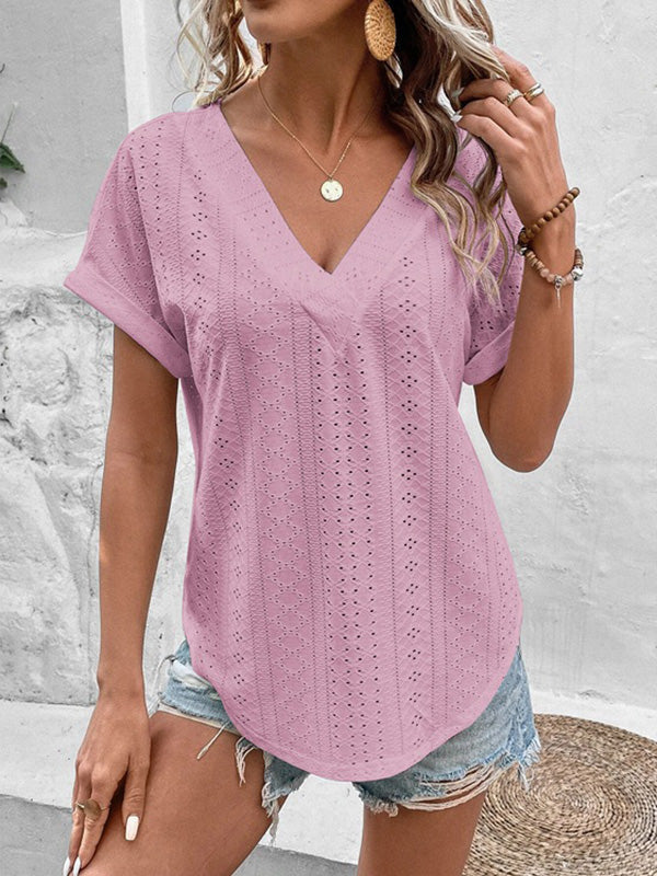Hollow Solid Color Split-Joint Loose Short Sleeves V-Neck T-Shirts