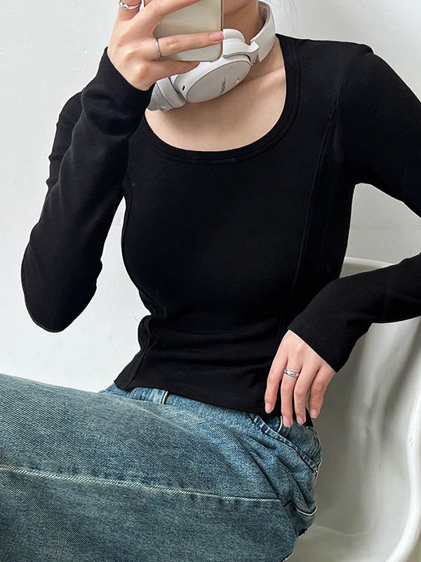 Solid Color Split-Joint Long Sleeves Skinny Round-Neck T-Shirts