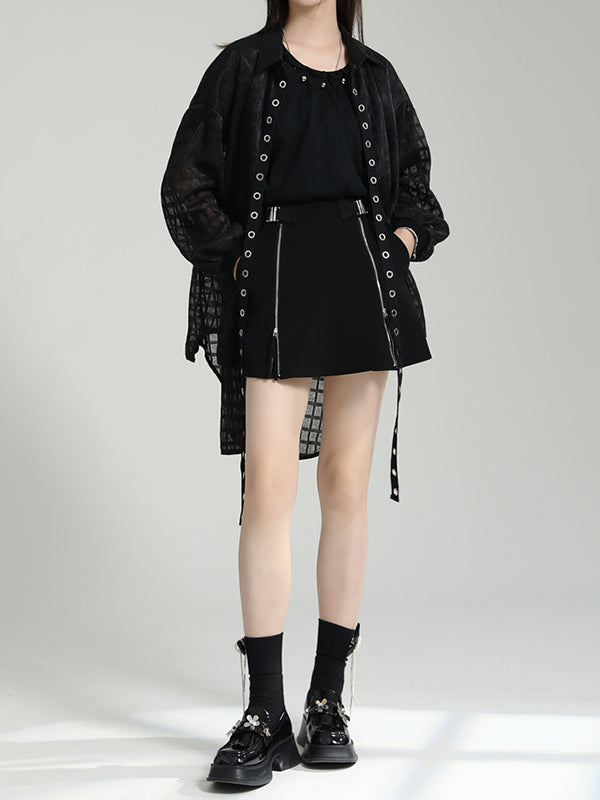 Gauze See-Through High-low Long Sleeves Round-neck Blouses&shirts Tops