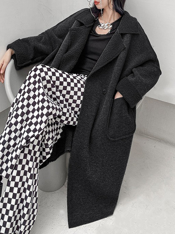 Buttoned Pockets Solid Color Velvet Long Sleeves Loose Lapel Woolen Coat