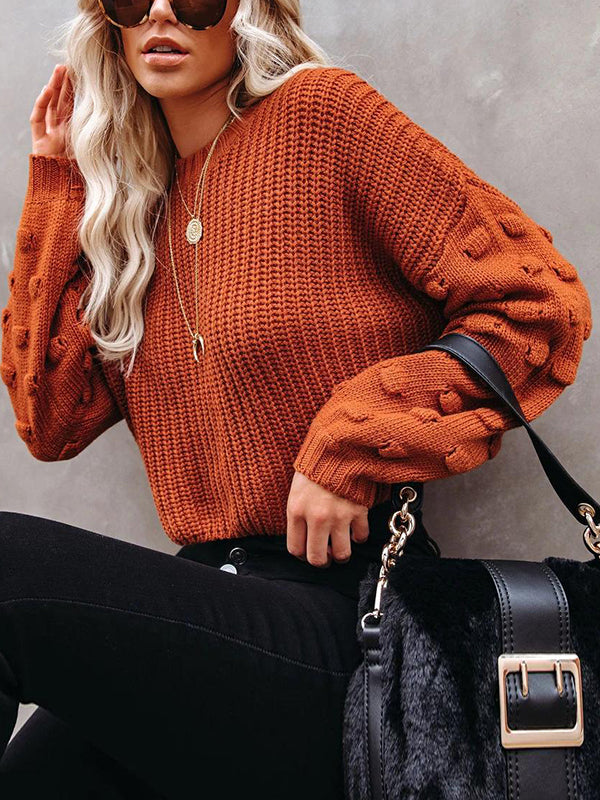 Hollow Solid Color Long Sleeves Loose Round-Neck Sweater Tops Pullovers Knitwear
