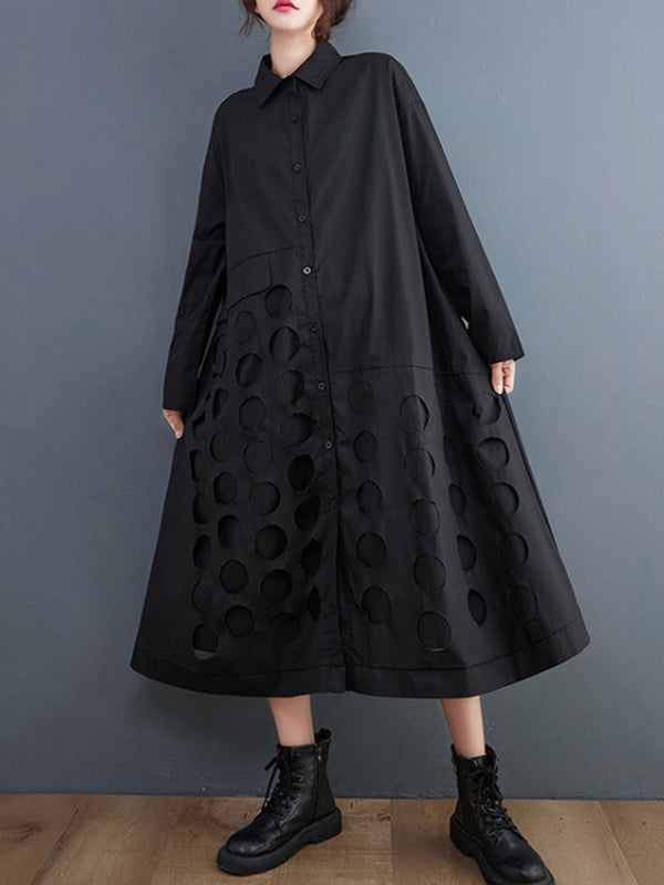 Asymmetric Hollow Polka-Dot Solid Color A-Line Long Sleeves Lapel Midi Dresses