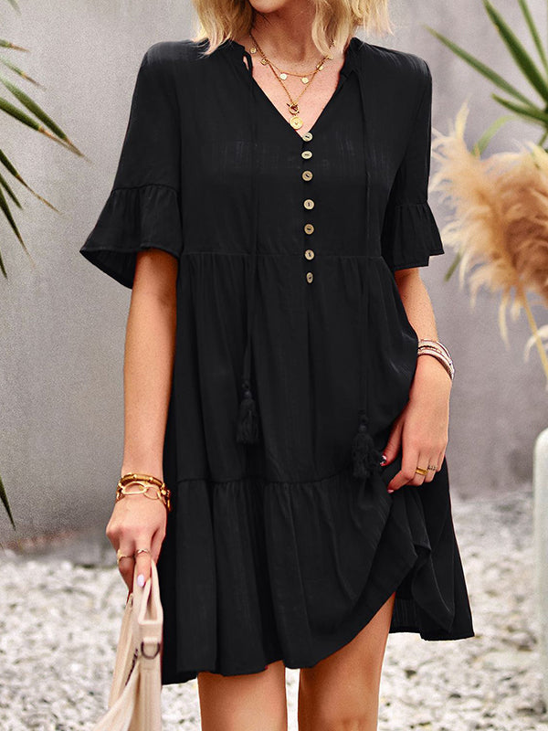 Falbala Loose V-Neck Mini Dresses