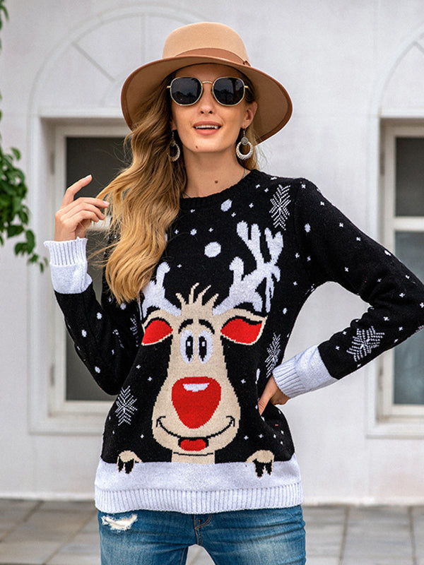 Casual Loose Long Sleeves Printed Round-Neck Sweater Tops