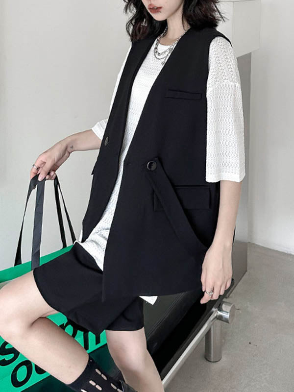 Elasticity Pleated Solid Color Split-Joint Loose Straight Leg Half Pants
