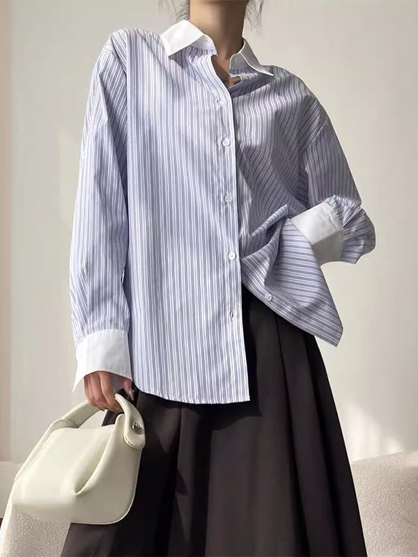 Pleated Split-Joint Striped Irregular Clipping Lapel Blouses