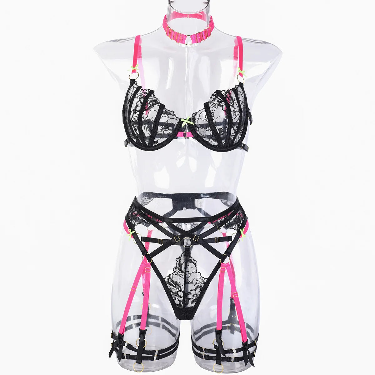 4PC Sheer Lingerie Set Push Up Bra Strappy Belt Embroidery Erotic Underwear Lace Harness Female