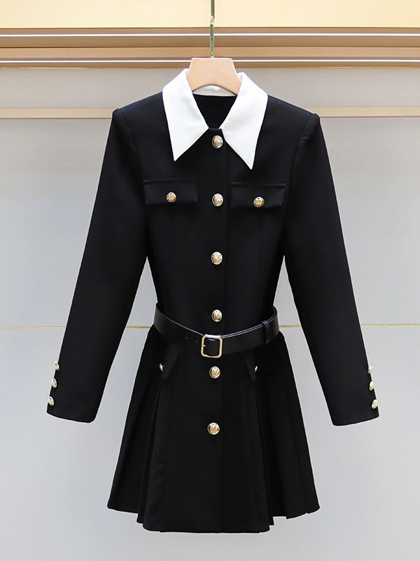 Belted Buttoned Contrast Color Pleated Single-Breasted Elasticated Waist Long Sleeves Lapel Shirt Dress Mini Dresses
