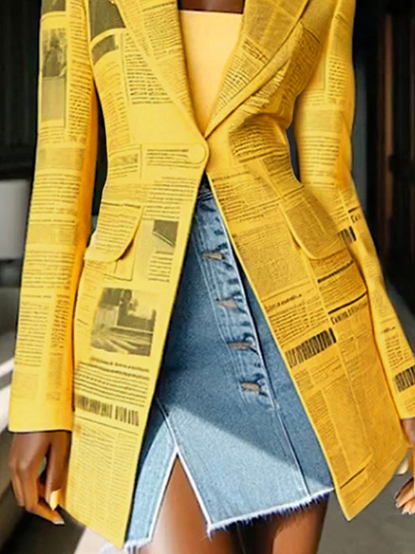 Long Sleeves Newspaper Print Split-Joint Lapel Blazer Suits