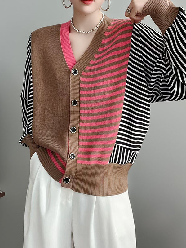 Buttoned Contrast Color Split-Joint Striped Long Sleeves Loose V-Neck Knitwear Cardigan Tops