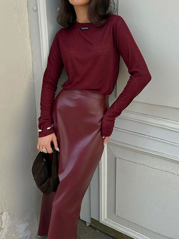 Pleated Solid Color Split-Back Bodycon High Waisted Skirts Bottoms