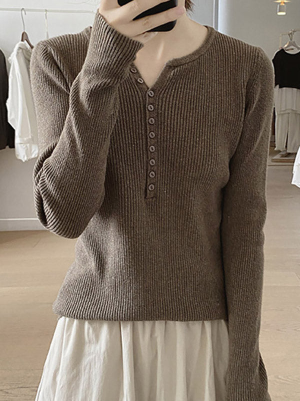 Buttoned Solid Color Long Sleeves Round-Neck Sweater Tops Pullovers