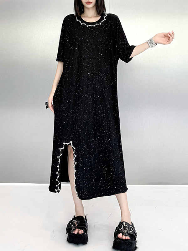 Asymmetric Beaded Shiny Split-Joint Loose Short Sleeves Round-neck Midi Dresses