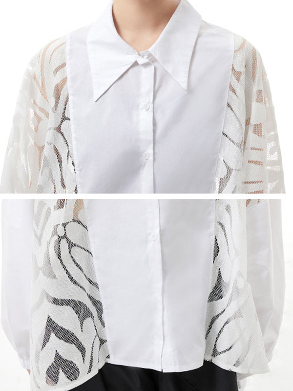 Urban See-Through Lace Split-Joint Lapel Blouse