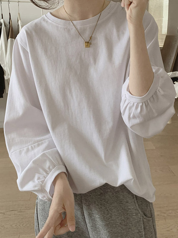Pleated Solid Color Long Sleeves Loose Round-Neck T-Shirts Tops