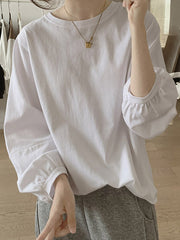Pleated Solid Color Long Sleeves Loose Round-Neck T-Shirts Tops