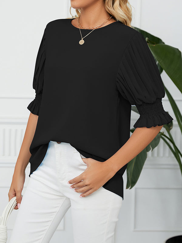 Pleated Solid Color Loose Puff Sleeves Round-Neck T-Shirts Tops