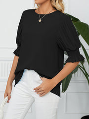 Pleated Solid Color Loose Puff Sleeves Round-Neck T-Shirts Tops
