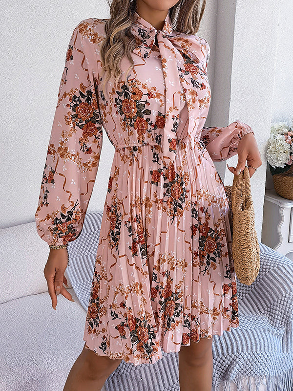 Elasticity Flower Print Pleated Tied Long Sleeves Loose Round-Neck Mini Dresses