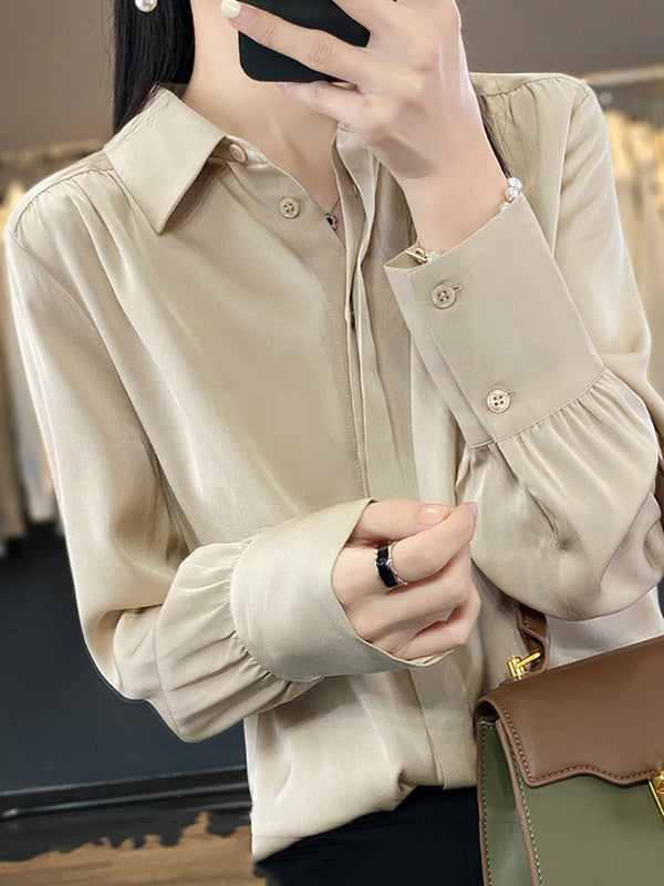 Buttoned Pleated Solid Color Long Sleeves Loose Lapel Blouses&Shirts Tops