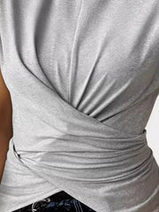 Buttoned Knot Pleated Solid Color Raglan Sleeve Skinny Round-Neck T-Shirts Tops
