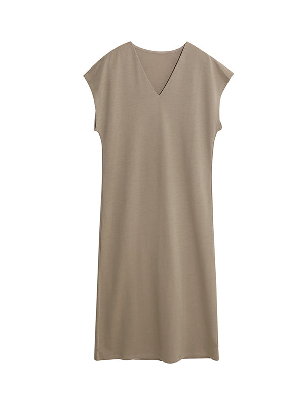 Solid Color Batwing Sleeves Loose V-neck Midi Dresses