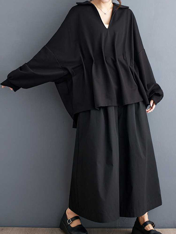 Pleated Solid Color Batwing Sleeves High-Low V-Neck Blouses&Shirts Tops