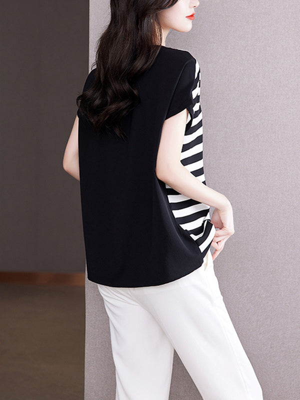Contrast Color Striped Loose Plus Size Round-Neck T-Shirts