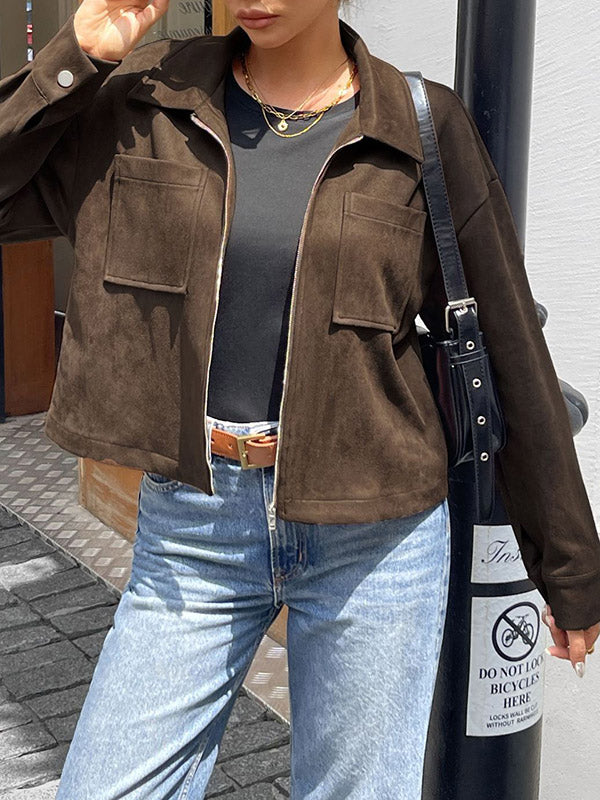 Pockets Solid Color Zipper Long Sleeves Loose Lapel Outerwear Jackets