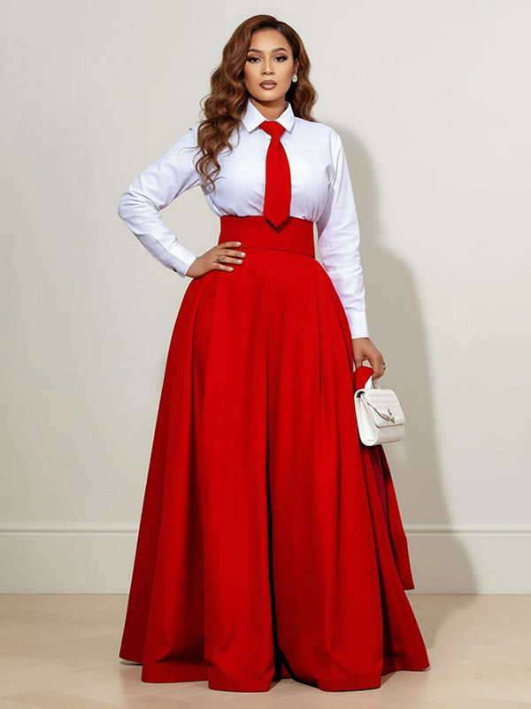 Elasticated Waist High Waisted Big Hemline Pleated Pockets Solid Color Zipper Wide Leg Pants