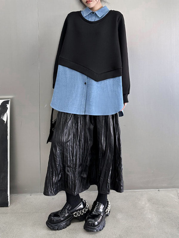 Asymmetric Buttoned Contrast Color Split-Joint False Two Long Sleeves Lapel Sweatshirt Tops