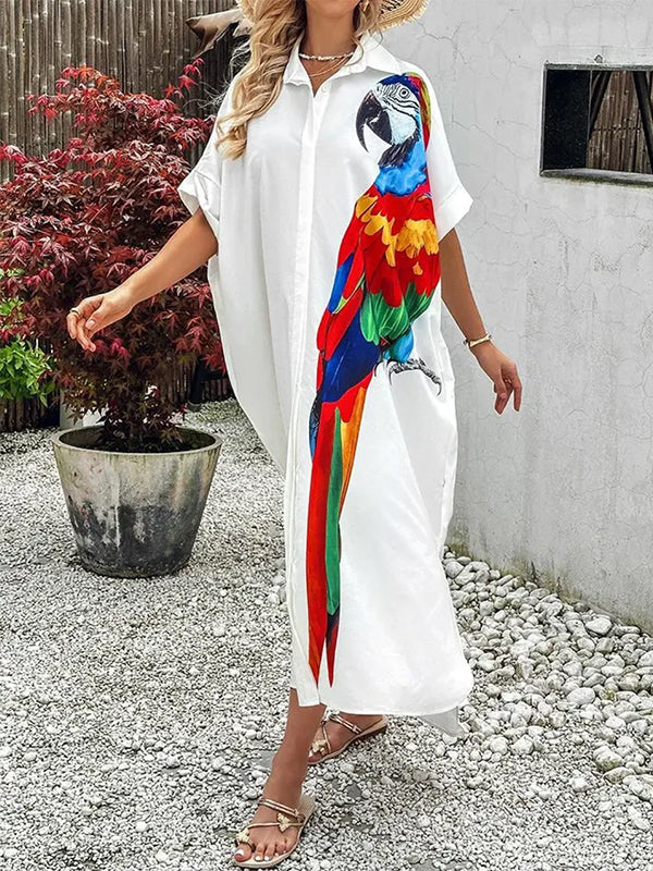 Animal Printed Buttoned Split-side Half Sleeves High-low Lapel Shirt Dress Maxi Dresses