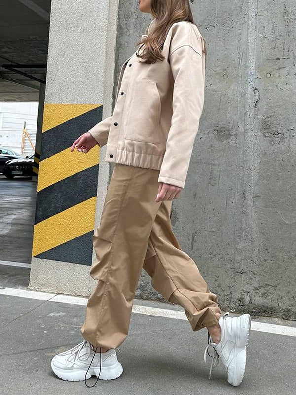 Buttoned Elasticity Pockets Solid Color Split-Joint Long Sleeves Loose Stand Collar Outerwear Jackets