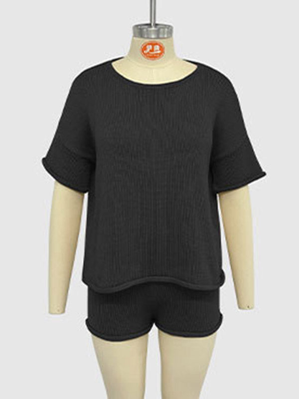 Loose Solid Color Split-Joint Round-Neck Shirt + High Waisted Shorts Two Pieces Set