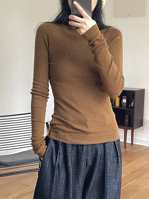 Solid Color Long Sleeves Skinny High-Neck Sweater Tops Pullovers