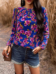 Flower Print Pleated Long Sleeves Loose Round-Neck T-Shirts Tops