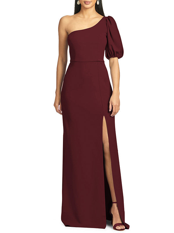 Solid Color Split-Side Puff Sleeves One-Shoulder Maxi Dresses