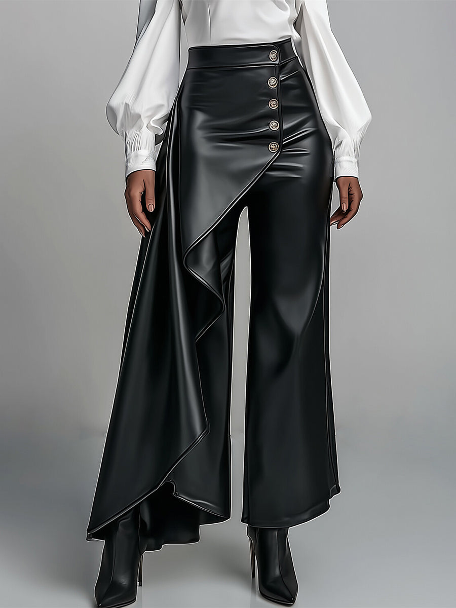 Buttoned Pleated Solid Color Split-Joint Zipper High Waisted Wide Leg Trousers Pants