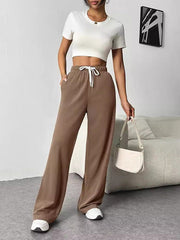 Drawstring Elasticity Split-Joint High Waisted Loose Trousers Pants