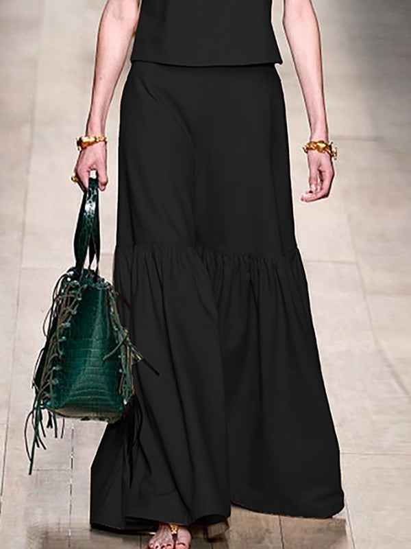 Pleated Solid Color Split-Joint A-line Loose Skirts Bottoms