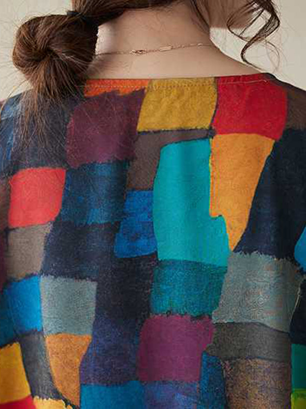 Contrast Color Multi-Colored Plaid Loose Sleeveless Round-Neck Midi Dresses