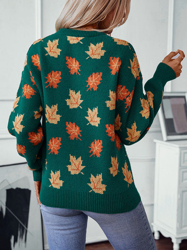 Contrast Color Jacquard Knitted Leaves Split-Joint Long Sleeves Loose Round-Neck Sweater Tops Pullovers