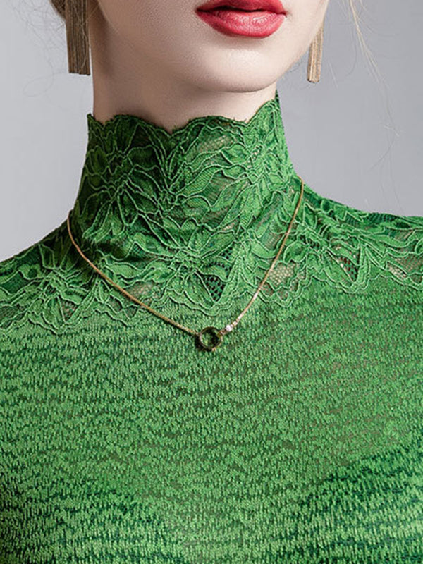 Slightly Sheer Split-Joint Textured False Two Half Sleeves High Neck T-Shirts Tops