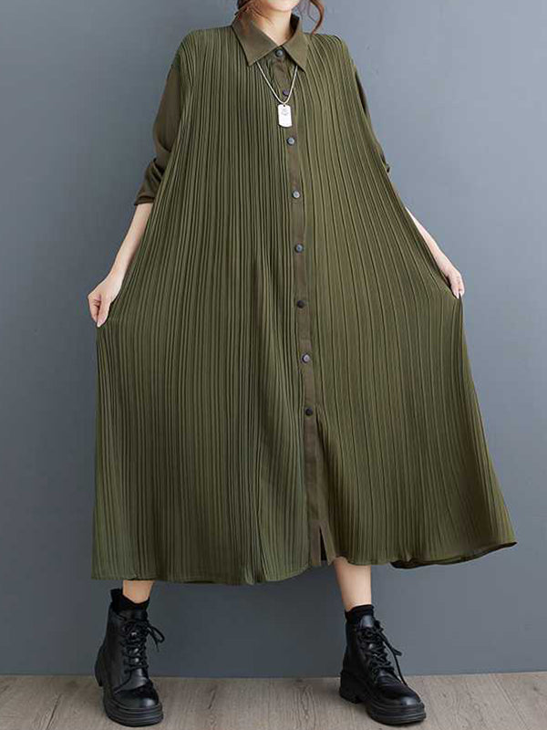 Buttoned Pleated Pockets Split-Joint A-Line Long Sleeves Lapel Shirt Dress Midi Dresses