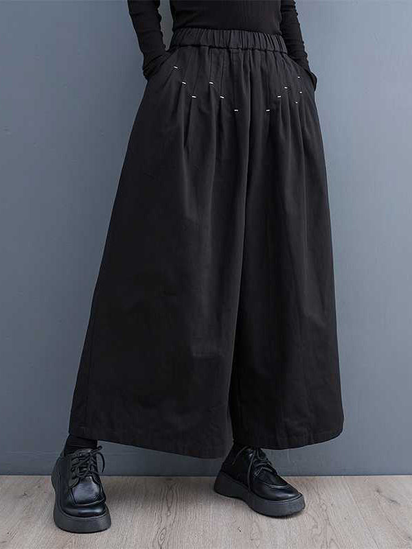 Elasticity Embroidered Pleated Loose Wide Leg Trousers Ninth Pants