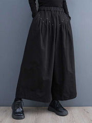 Elasticity Embroidered Pleated Loose Wide Leg Trousers Ninth Pants