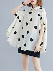Buttoned Polka-Dot Batwing Sleeves Half Sleeves Lapel Blouses&Shirts Tops