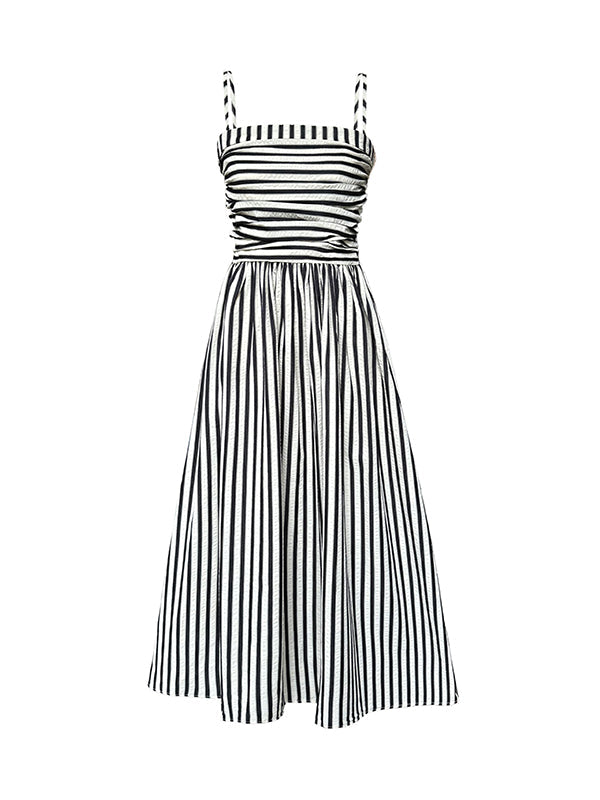 Pleated Split-Joint Striped Loose Sleeveless Spaghetti-Neck Midi Dresses